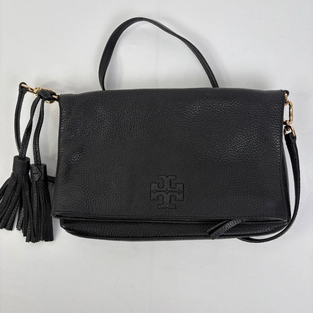 Tory Burch Thea Messenger Bag Black Pebbled Leather Tassel Crossbody Gold Logo